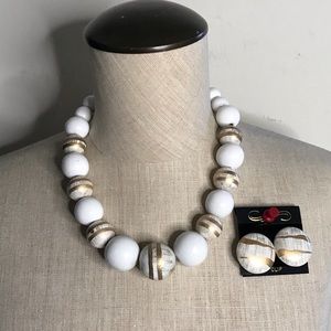 White & Gold Necklace & Clip-On Earring Set - NWT